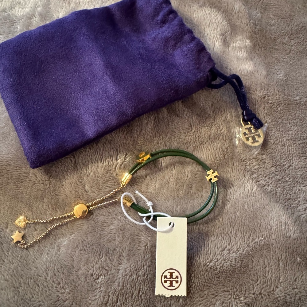 Tory Burch Green and Gold Bracelet with Purple Pouch